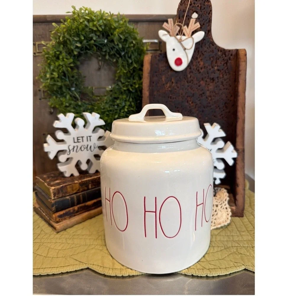 HO HO HO Rae Dunn Christmas Ceramic Canister Jar White Red Round With Lid